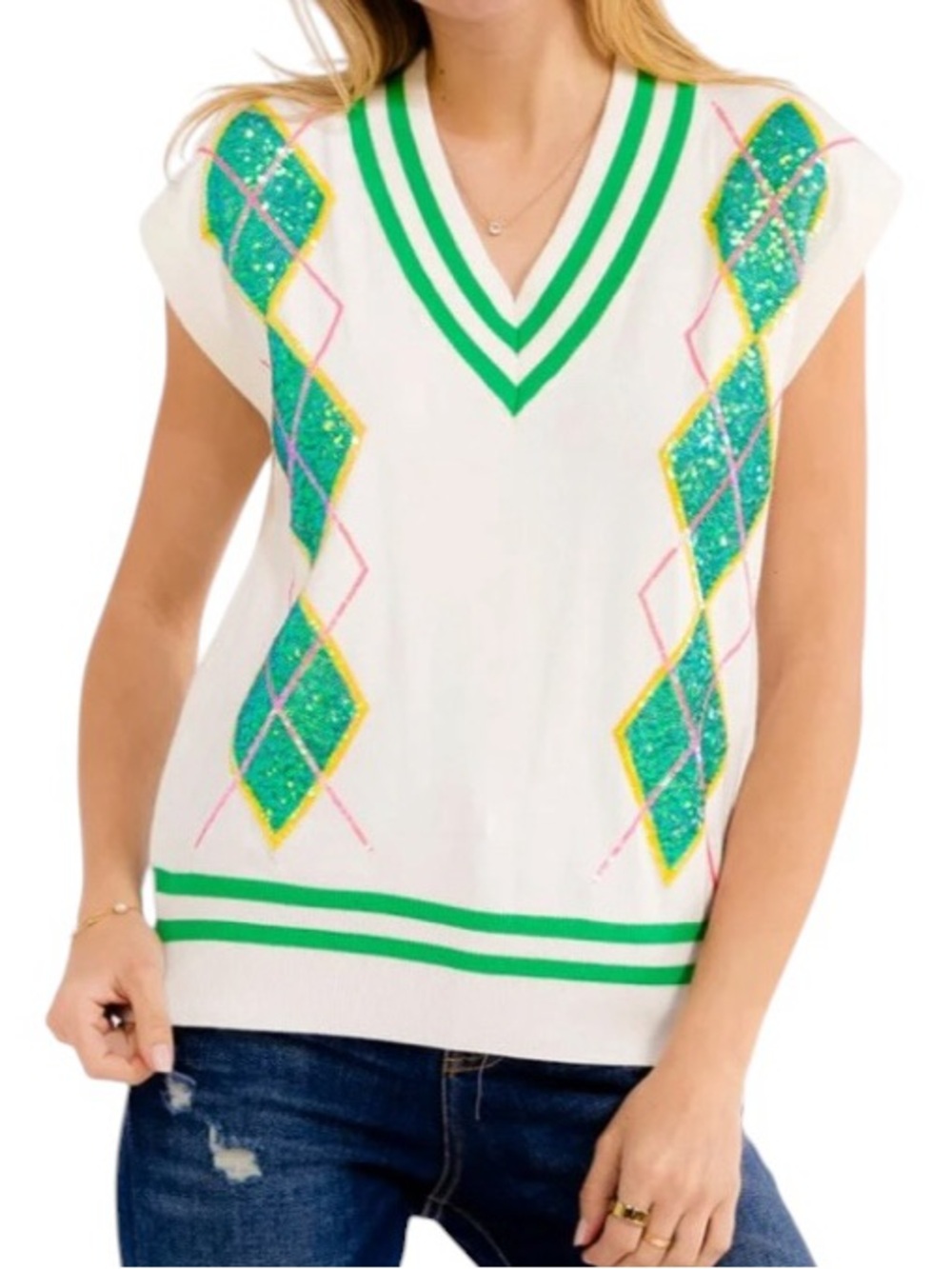 Fantastic Fawn Argyle Inspired Sleeveless V-Neck Sequins Light Weight Knit Top